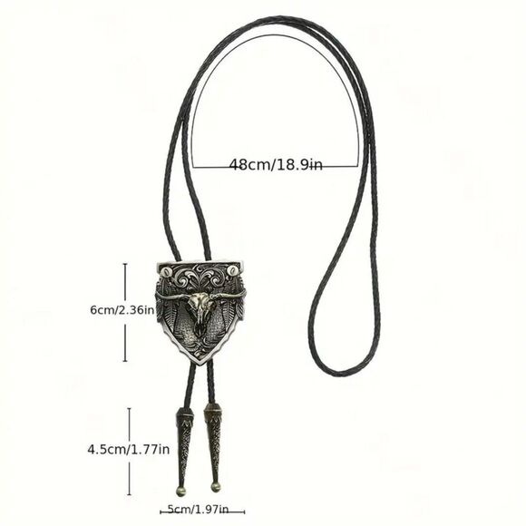 Silver & Black Texas Western Cowboy Bull Skull Bolo Tie – Braided Cord - Picture 4 of 4